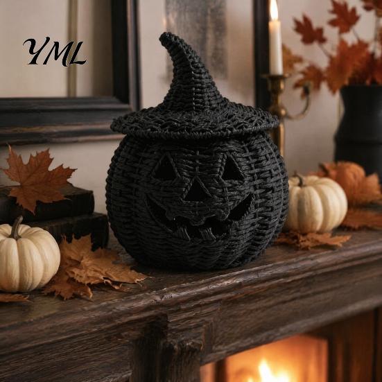 Handmade Woven Texture Craft Faux Rattan Halloween Pumpkin Figurine, Black Resin Statue with Witch Fall Holiday Window Display Hat, Rustic Wicker