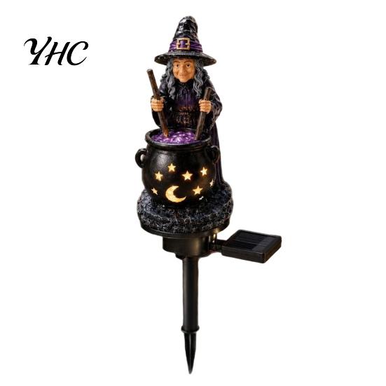 Creative Holiday Gift for Her Solar Witch Statue with Glowing Cauldron, Outdoor Halloween Garden Light, Spooky Lighting Resin Decorative Figurine Yard