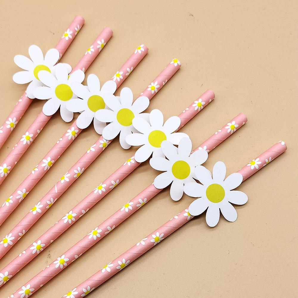 20pcs Daisy Flower Paper Straws Disposable Drinking Straw for Daisy Wedding Birthday Baby Shower Party Decoration Supplies