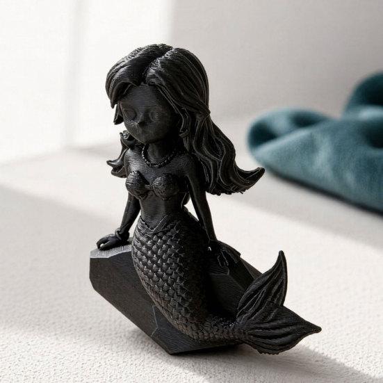 Nostalgie 3D Printed Mermaid Action Figure, Dark Gothic Style Figurine with Matte Black Finish, Movable Joints & Wide Rock Base, Decor for Desk