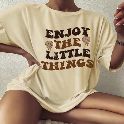 Цветная футболка большого размера Enjoy The Little Things, свободная футболка со смайликом и позитивными высказываниями, женская модная повседневная хлопковая эстетичная футболка