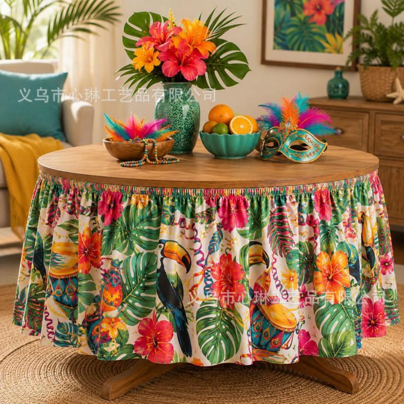 Tropical Plant Print Round Tablecloth Carnival Party Decor Festive Table Skirt In Geometric Abstract Design