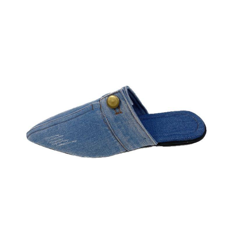 2025 Summer New Large Size Foreign Trade Design Pointed Head Bag Head Niche Denim Flat Bottom Slippers Muller Women's Shoes