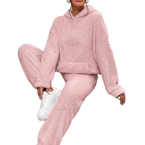 Women's Fuzzy Fleece Pajamas Set Winter Plush Pullover Hoodies And Pants Lounge