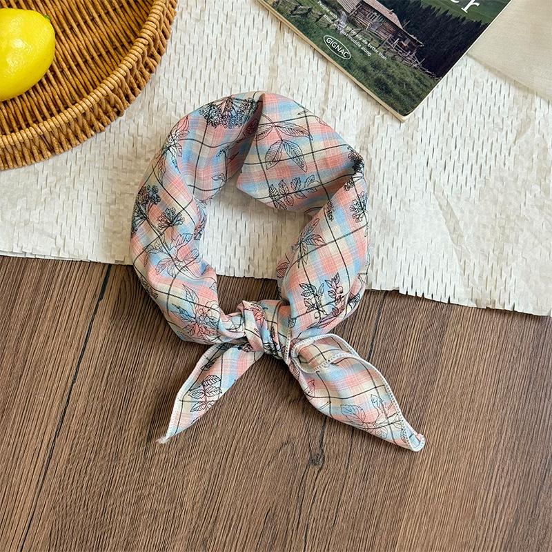 Silk Scarf Neck Small Square Scarf New Fresh Yellow-green Pink-purple Plaid Scarf Headscarf Summer Pastoral Headband Tied Hair Streamer