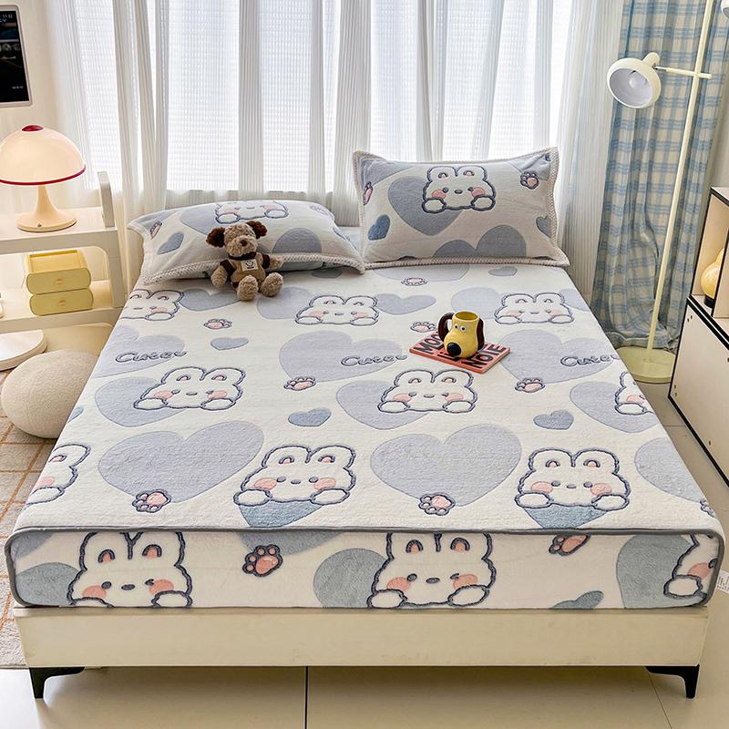 Flannel Fitted Sheet Warm Bedsheet Cartoon Bed Cover Thicken Bed Linen Winter Mattress Protector sabanas (Pillowcase Need Order)