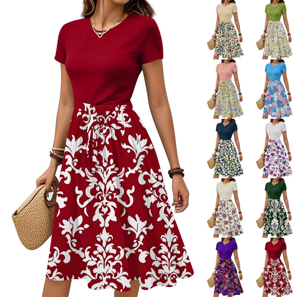 Women's Casual Fashion Belted Floral Print Short Sleeve Round Neck Elegant Dress