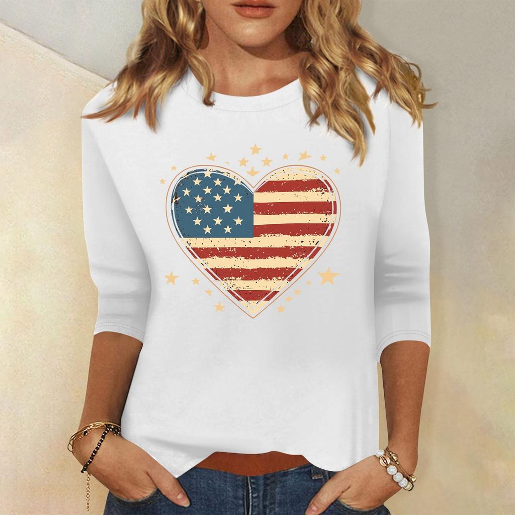Women's Fashion Casual Round Neck 3/4 Sleeve Loose Independence Day Printed T-Shirt Ladies Top