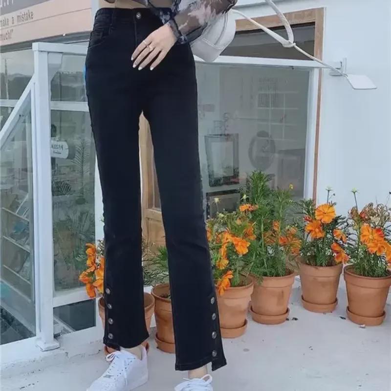 Женские джинсы с высокой талией и разрезом по низу, широкие - ранняя осень, большой размер