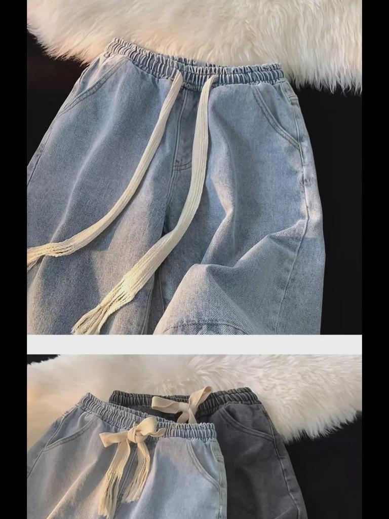 2024 Summer Loose Straight Denim Shorts: Retro Drawstring Casual Solid-Color Shorts