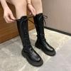 Women Knee High Boots Spring Pu Leather Ladie Punk Long Female Lace Up Cuissarde Femme Zip Black Chelsea Botas Femininas