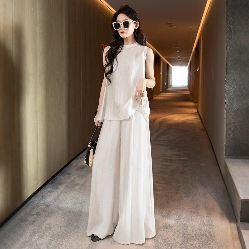 Женский комплект из смешанного льна: свободный топ и брюки клеш