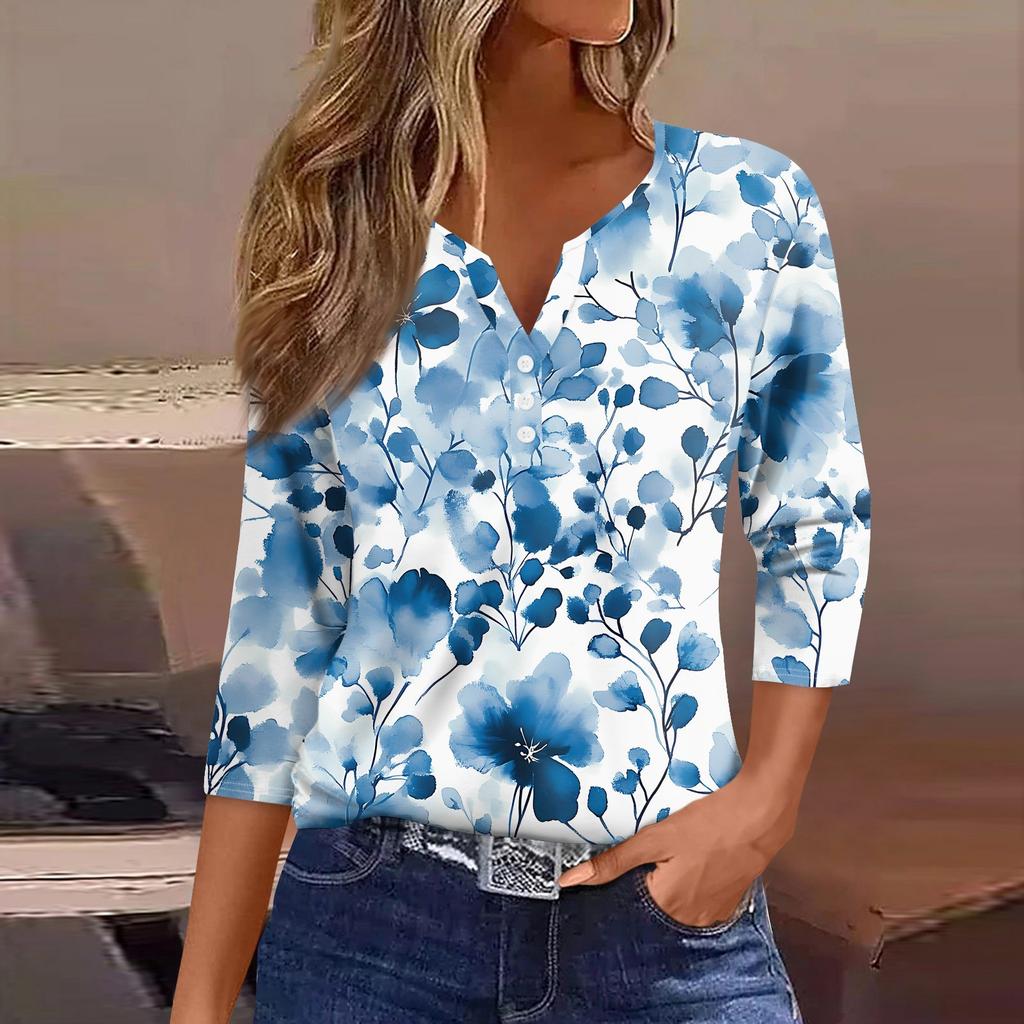 Жен. Футболка С принтом Пуговицы Рукав 3/4 Повседневные Выходные Мода Классический Классический V-образный вырез Обычный Верх