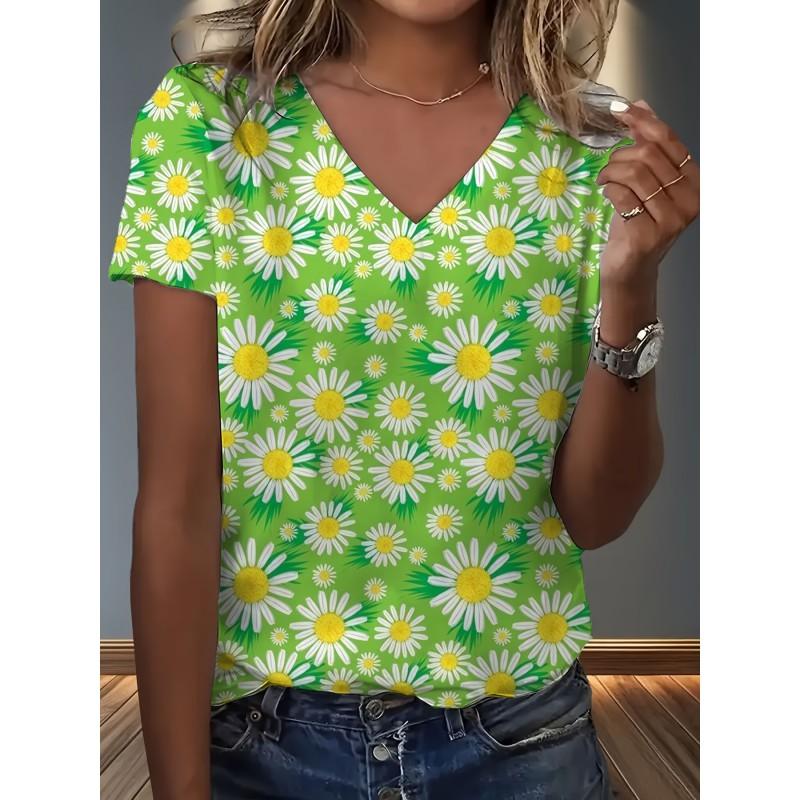 Womens V-Neck Loose Fit Short Sleeve T-Shirt With Colorful Geometric Starry Print Casual Top