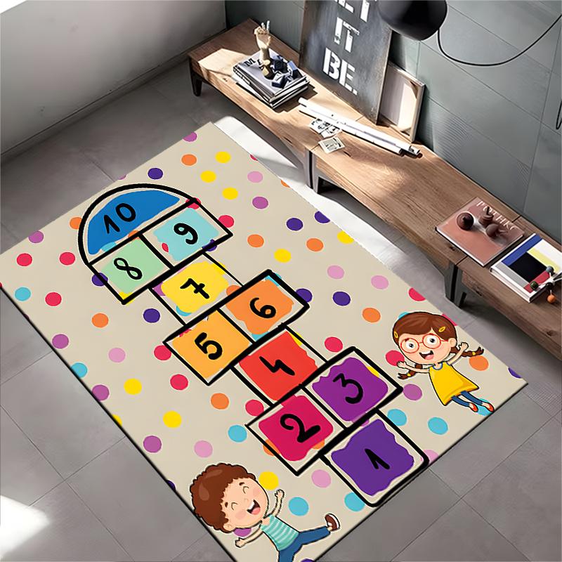 Colorful hopscotch rug with playful kids design. Non-slip rug suitable for living room and bedroom sofas.