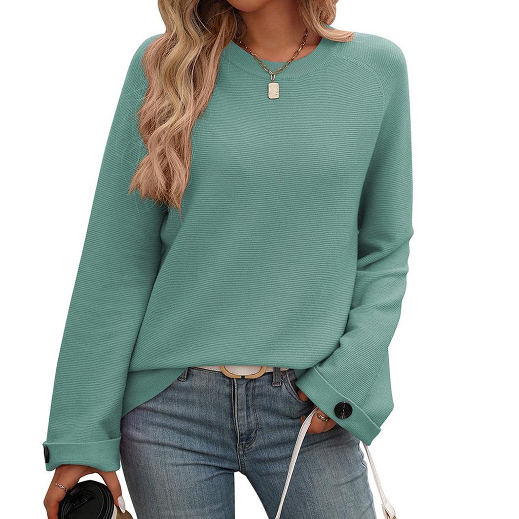 Женская мода однотонный круглый вырез с пуговицами длинный рукав свитер топ