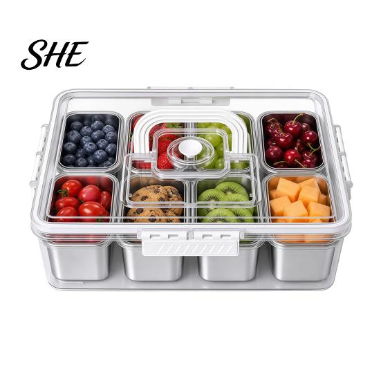 Leakproof Bento Box for Picnic Snackle Container, Stainless Steel Divided Serving Tray with Lid & Handle, 8 Compartment Large Snack Durable Food Road
