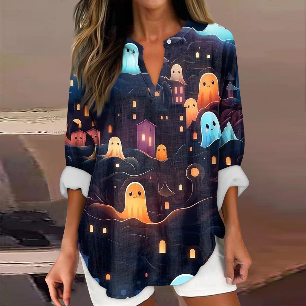 Женские модные повседневные женские топы с v-образным вырезом и длинным рукавом с принтом на Хэллоуин