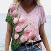 3D Tulip Print T-shirt for Women V Neck Floral Casual Blouse Vintage Harajuku T-shirt for Women Plus Size Top