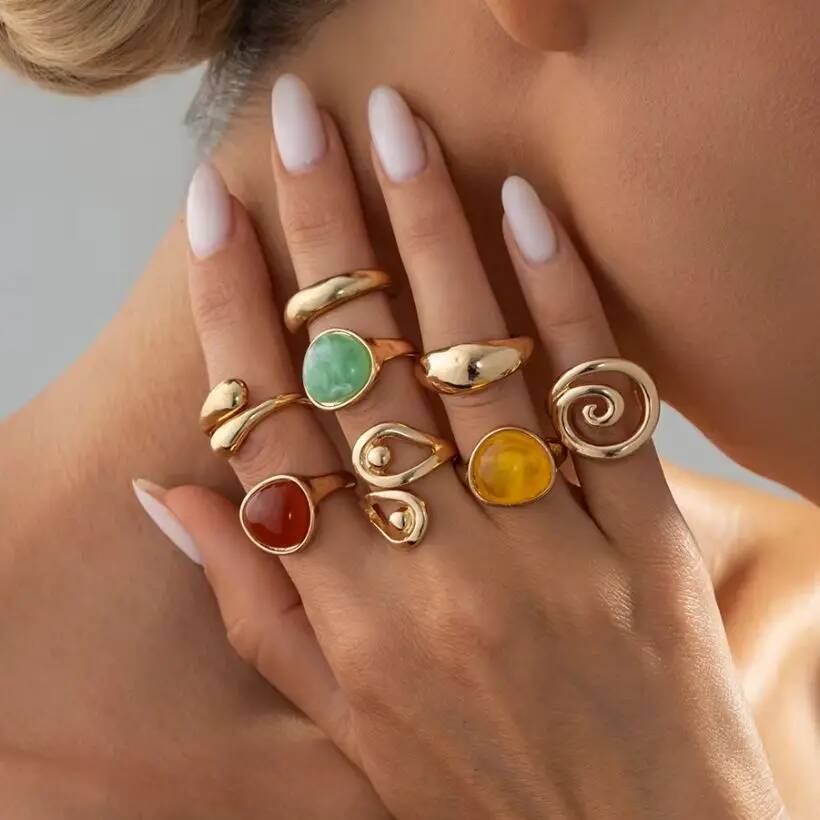 Salircon 8Pcs/Set Boho Colorful Acrylic Resin Rings for Women Exquisite Irregular Stackable Adjustable Opening Ring Jewelry Gift