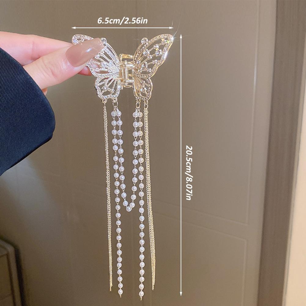 Rhinestone Butterfly Pearl Fringe Hairpin Fashionable Temperamental Hair Claw Clip Headwear Hair Accessory for Women