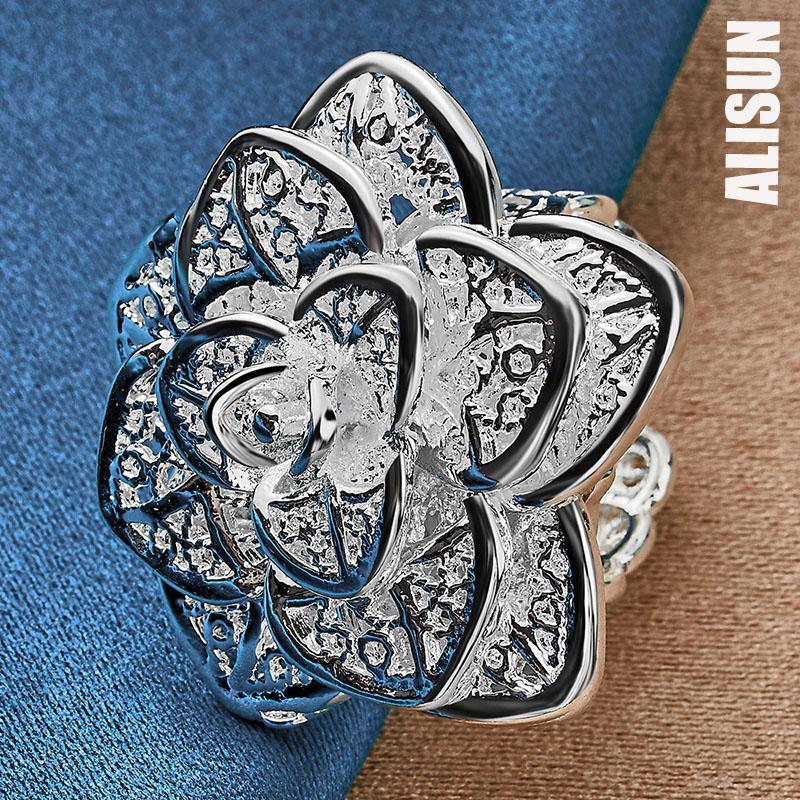 925 Sterling Silver Three Layered Flower Ring with Opening Fashionable Wedding Jewelry