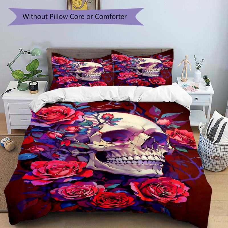 3pcs Skull and Roses Quilt Cover Set - Soft & Comfortable Polyester Fabric, All-Season Breathable Comforter Set For 1 Quilt Cover & 2 Pillowcases