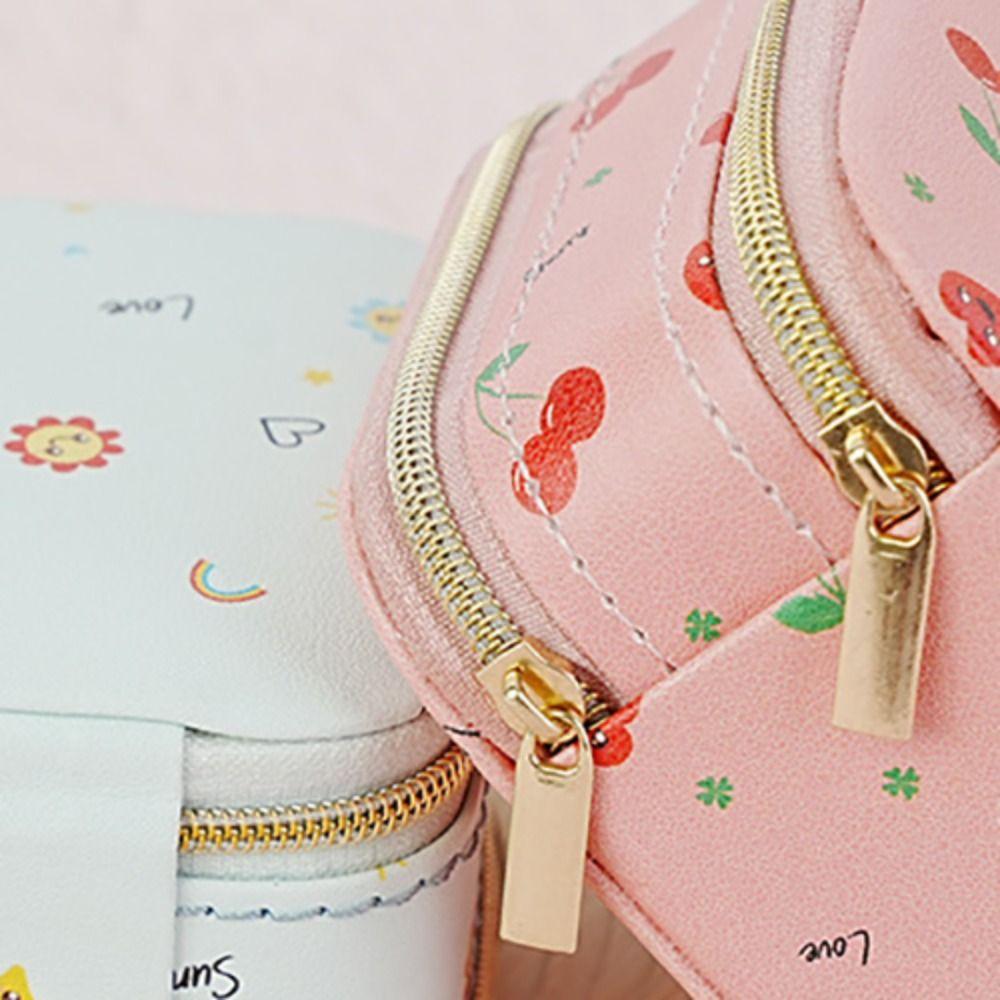 Cherry Flower Jewelry Packing Bag PU Leather Jewelry Holder With Mirror Outdoors