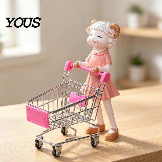 Office Desk Gadgets Cartoon Sheep Shopping Cart Figurine, Mini Grocery Trolley Toy with Lamb, Small Storage Basket for Cute Decor Kids,