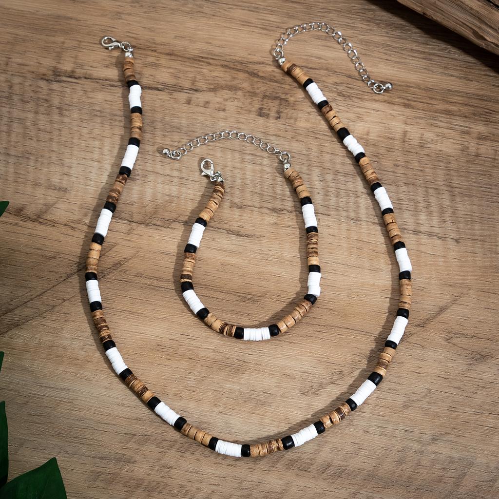 2Pcs/Set Fashion Vintage Rustic Wooden Beaded African Necklace Bracelet Set Simple Surfer Chain Tribal for Men Accessories Gift