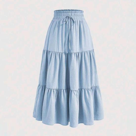 Women Maxi Skirt Elastic Waist Adjustable Drawstring Ruffle Stitching Ankle Length Skirt Solid Color A-Line Breathable Long Skirt