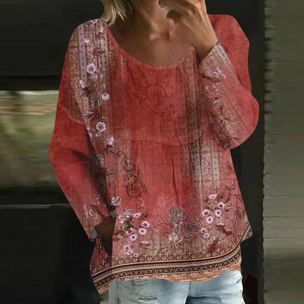 Women's Casual Fashion Loose Round Neck Retro Print Long Sleeve Top