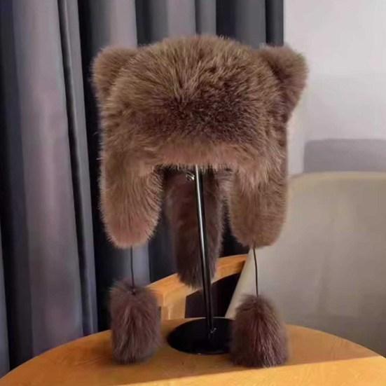 Женская зимняя шапка с толстым искусственным мехом, украшением в виде ушей и хвоста в виде мультяшного енота, однотонная, ветрозащитная шапка Lei Feng для катания на лыжах, сноуборде, пешего туризма
