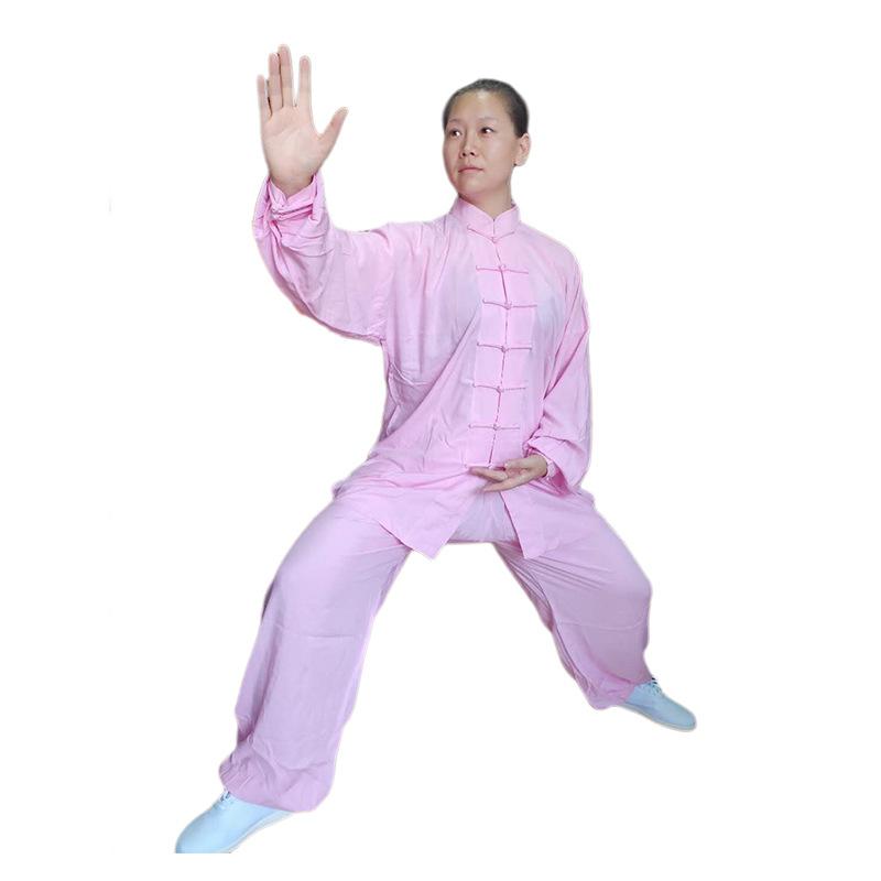 Китайская одежда Tang весна и осень Четыре сезона Тонкий срез однотонной рубашки с пуговицами + широкие брюки спортивный комплект из двух предметов