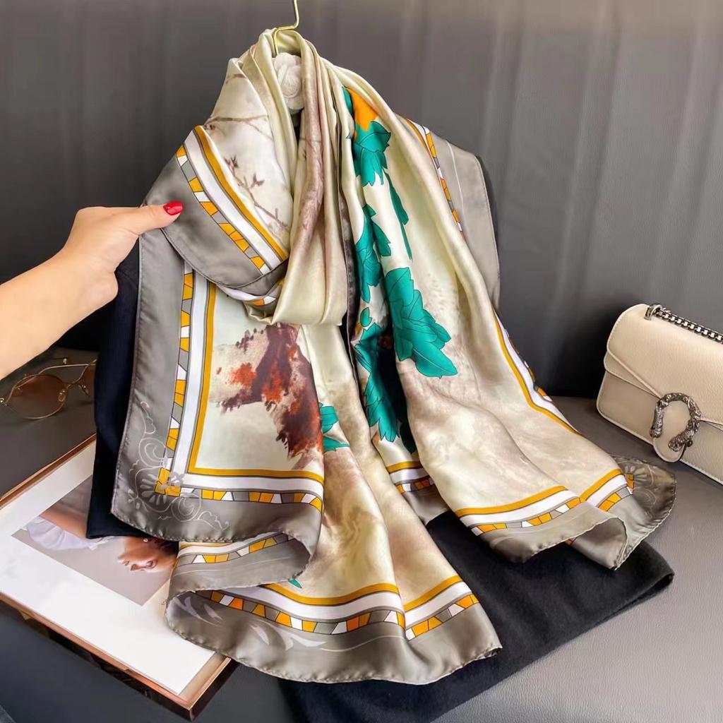 Shawl Scarf for Women - Floral Plant Pattern, Breathable & Sun-Proof, Weekend Casual Style, Non-Stretch, Decorative Silk Scarf with Printed