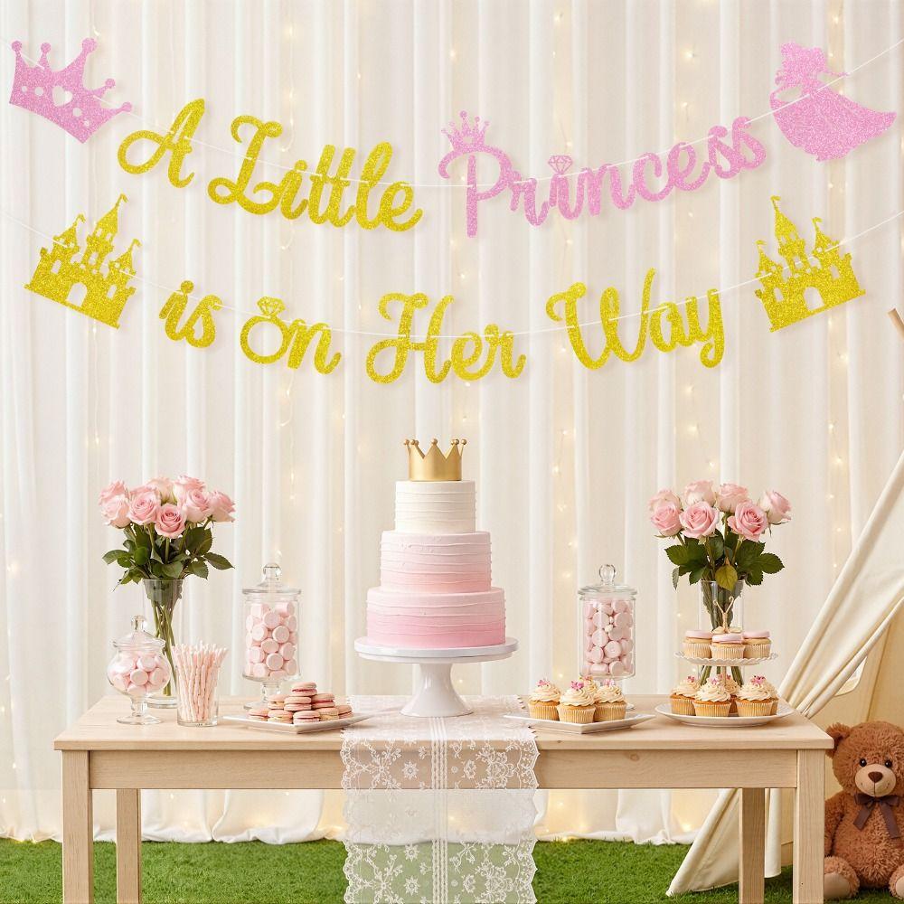 2 Strings A Little Princess Banner Pink Gold Glitter Castle Crown Theme Princess Banner Pre-Strung Princess Party Decor