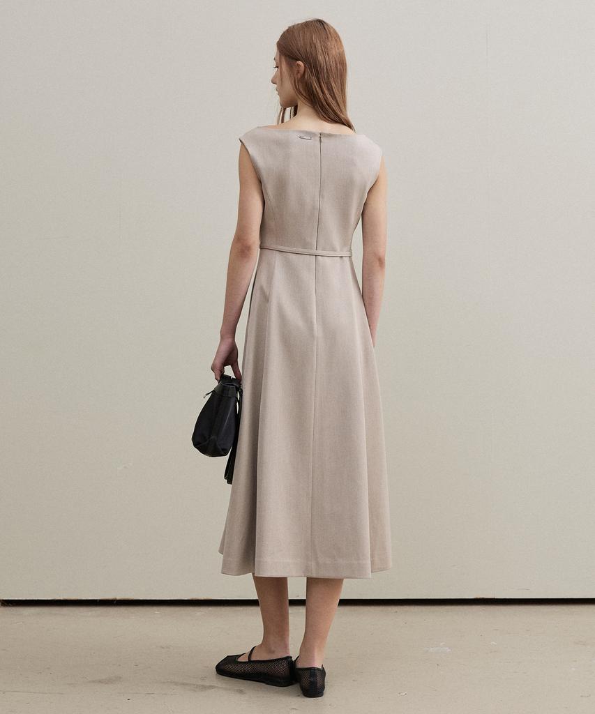 Artid Boat Neck Belted Dress_Beige