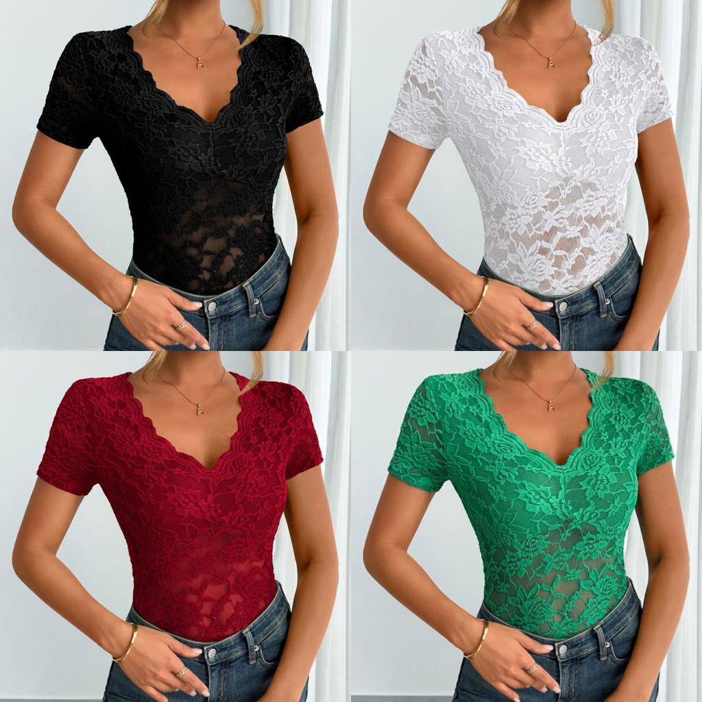 2025 Spring/Summer Women's Sexy Lace V-neck Short Sleeve Top