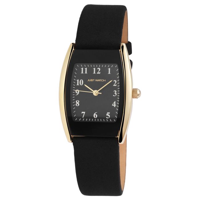 Montre femme - Ayla - Boîtier tonneau doré 29 mm - Cadran noir & bracelet cuir 18 mm - Quartz Miyota 2035 5 ATM