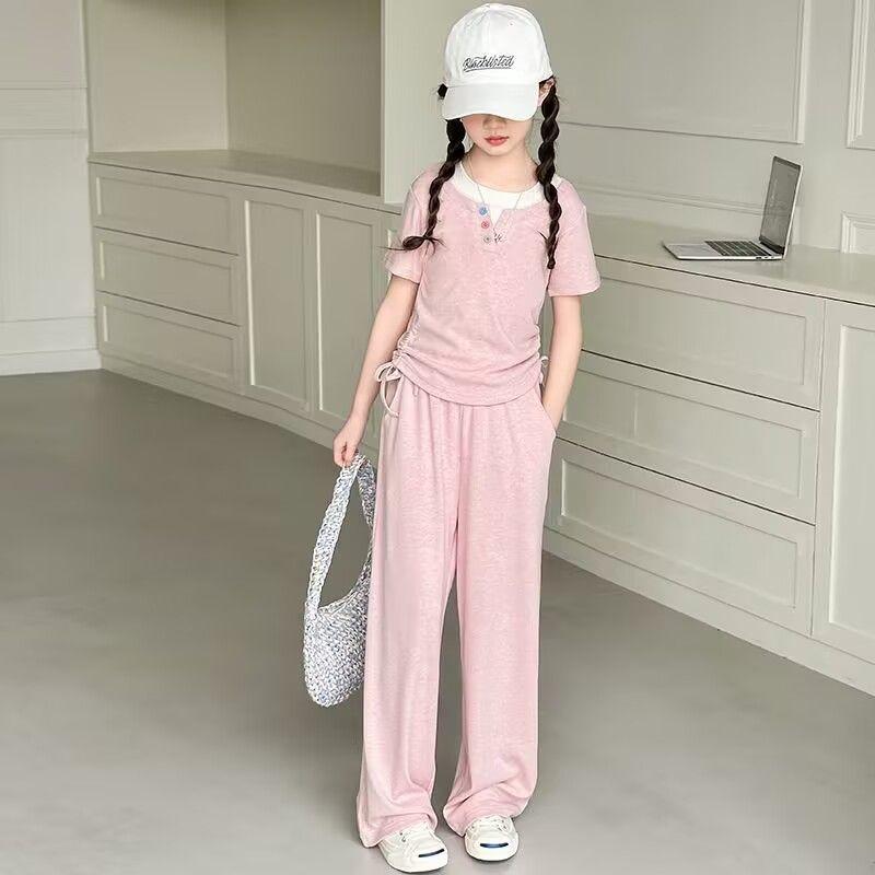 Girls' Summer Set Fashionable and Casual Children's Summer Short Sleeved Wide Legged Long Pants Two-piece Set