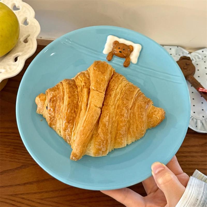 Керамические тарелки Милый медведь 3D рельефная тарелка Модная креативная десертная круглая тарелка Изысканная бытовая посуда для хлеба и завтрака