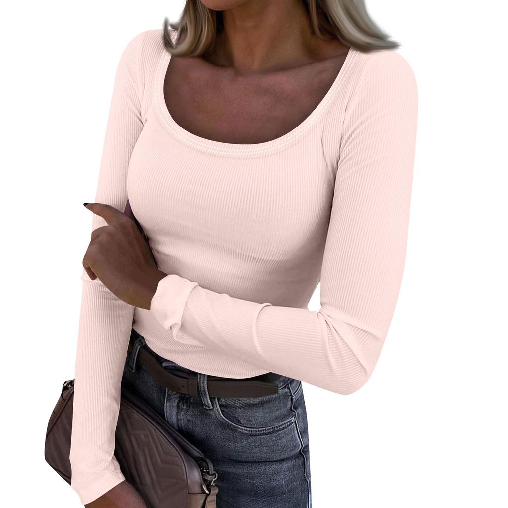 Women's  And Winter Slim Bottom T-shirt Fashion Casual Solid Color U Neck Pullover Long Sleeve Top