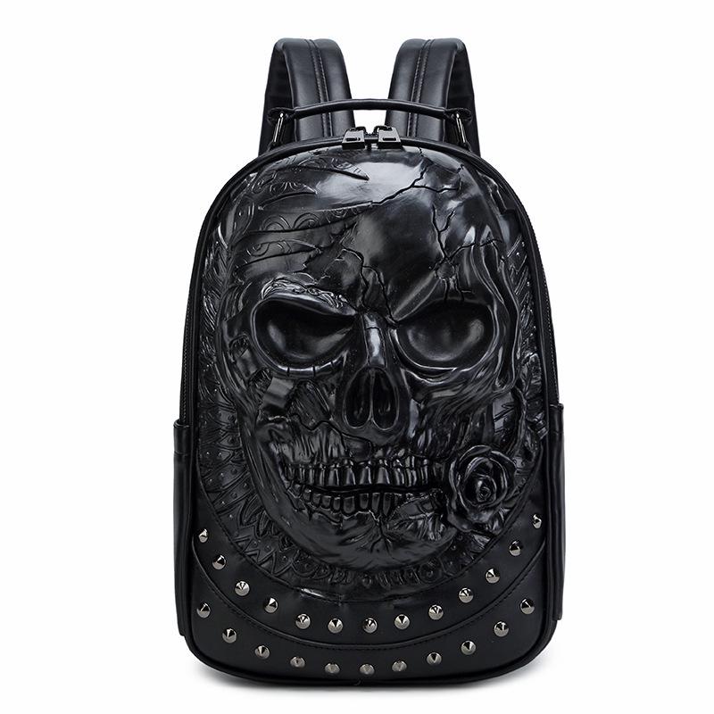 Rivet 3D Skull Skeleton Embossed Shoulder Bag Travel Backpack Restore Halloween Cool Dark Gothic Carving Backpack