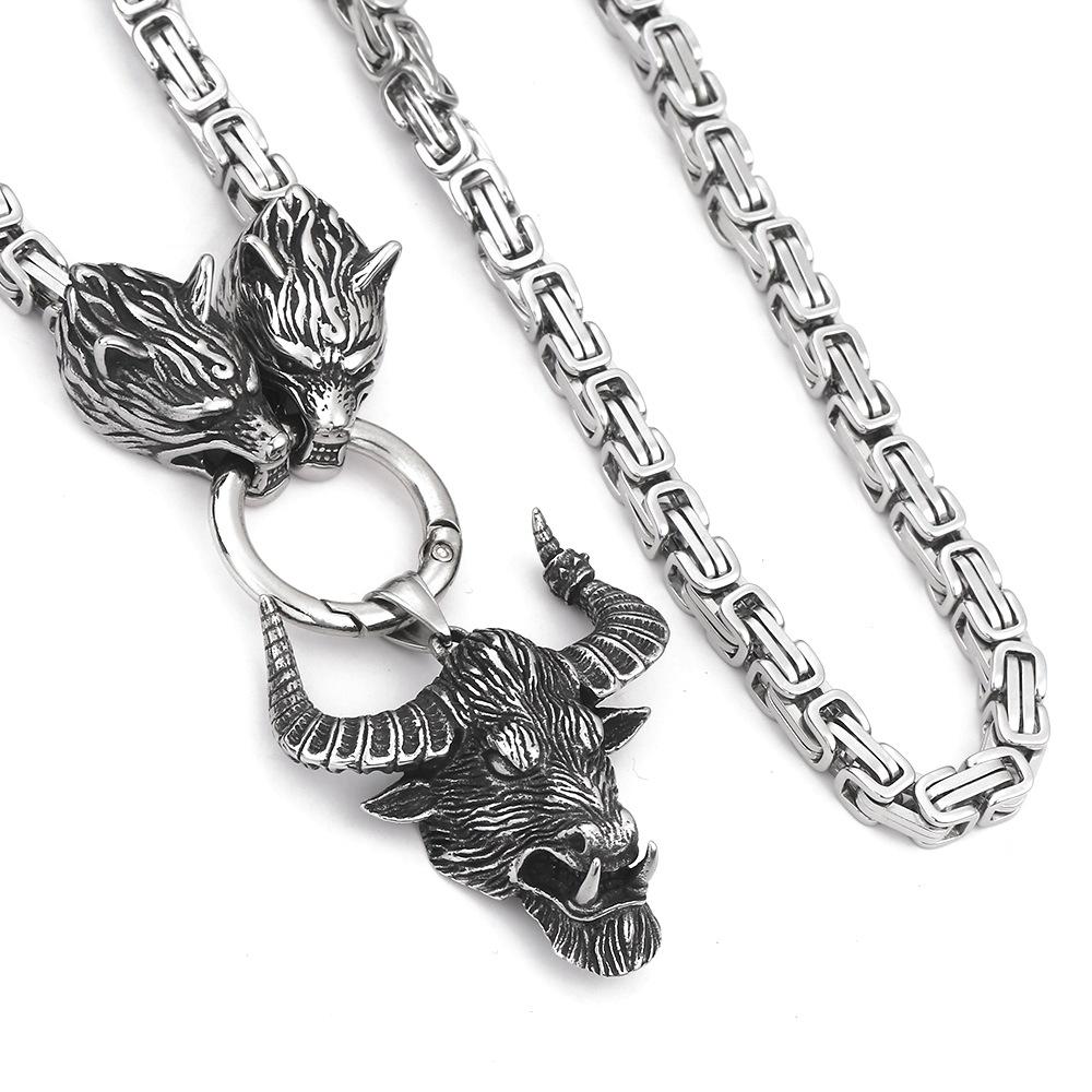 Ожерелье из нержавеющей стали с головой волка викингов, кулон с головой быка, ожерелье в стиле хип-хоп, панк, мужские украшения из нержавеющей стали