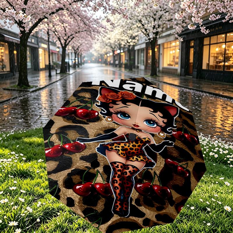 Custom Name Personalized Betty Boop Print Umbrella, Auto Open Close, 8‑Rib Sturdy Frame, Commute Camping Hiking Use, Birthday Gift