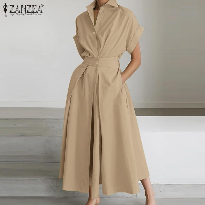 ZANZEA Женское повседневное длинное платье-рубашка с отложным воротником и коротким рукавом
