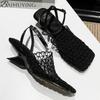 Fashion Weave Mesh Women Heeled Sandals Hollow High Heels Shoes Woman Square Toe Slingback 2025 Summer Trend Beach Pumps Sandalias Mujer