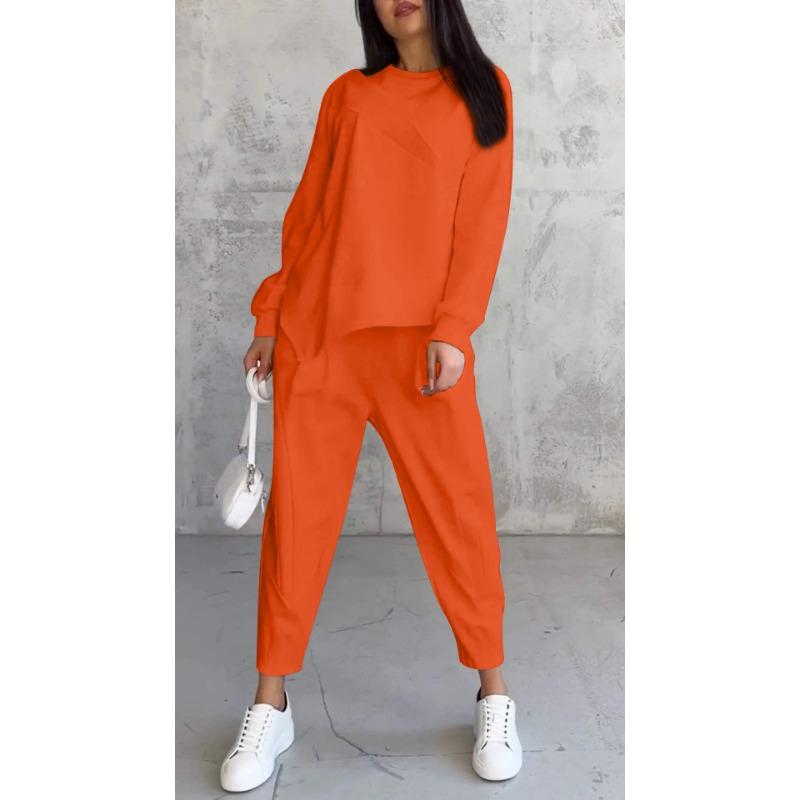 Осенний женский брючный костюм, повседневный, с круглым вырезом, свободный, нестандартный, с длинным рукавом, толстовка, костюм