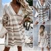 Women Fashion Casual Print Loose V Neck Three Quarter  Sleeve Lace Cuff Dress