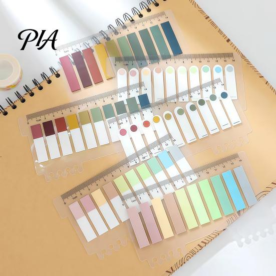 Morandi Color Page Markers Index Sticker Tabs with Built-in Scale Ruler, Transparent Portable Ruler Set PET Markers, Compact Writable Book Labels for